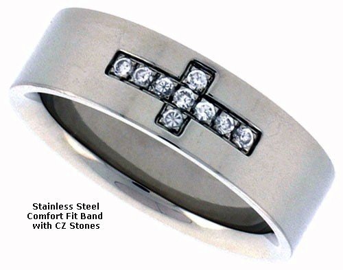 Stainless Steel Flat Cross Band with CZ Stones
