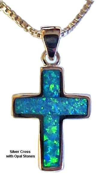 Silver Cross Necklace with Opal Stones
