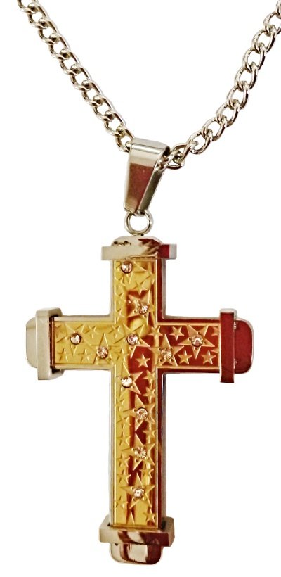 2 Tone Cross with Stars and CZs