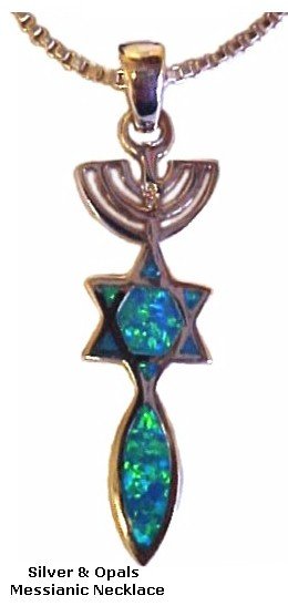 Menorah, Star & Fish Silver & Opals Necklace