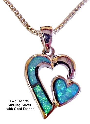 Two Hearts Necklace - Silver with Opal Stones