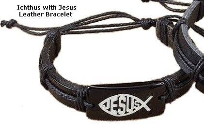 Ichthus with Jesus Leather Bracelet