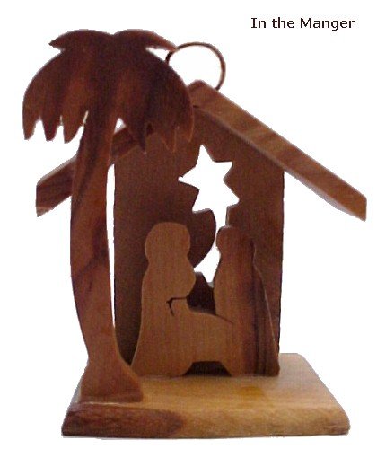 Small Olive Wood Manger Christmas Ornaments