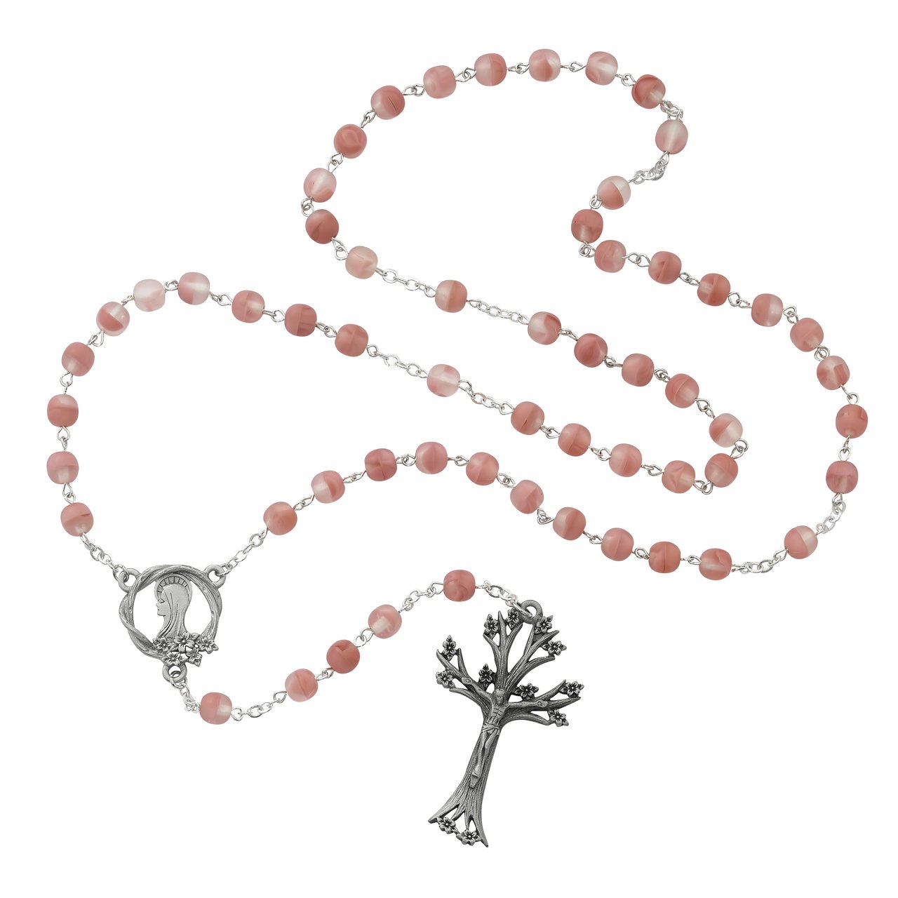 Pink Glass Dogwood Rosary Boxed
