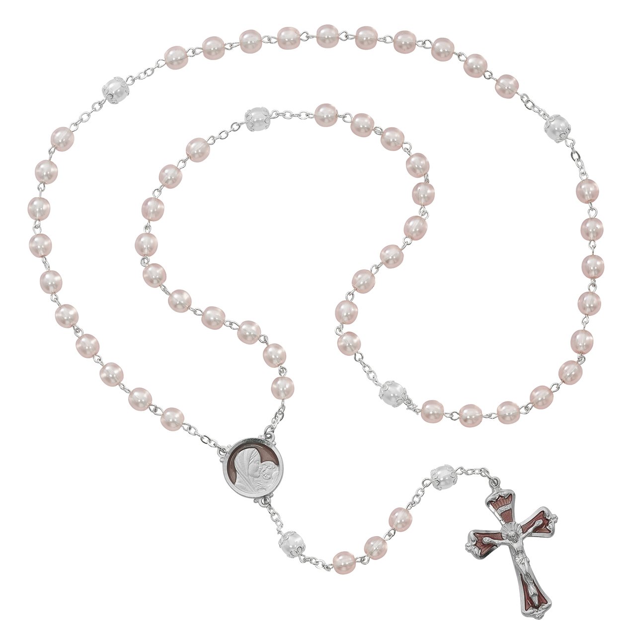 Mother and Child Pink Pearlized Glass Rosary Boxed