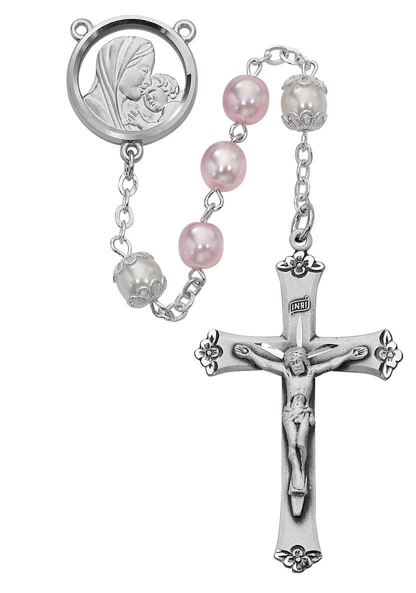 Mother & Child Pink and White Rosary Boxed