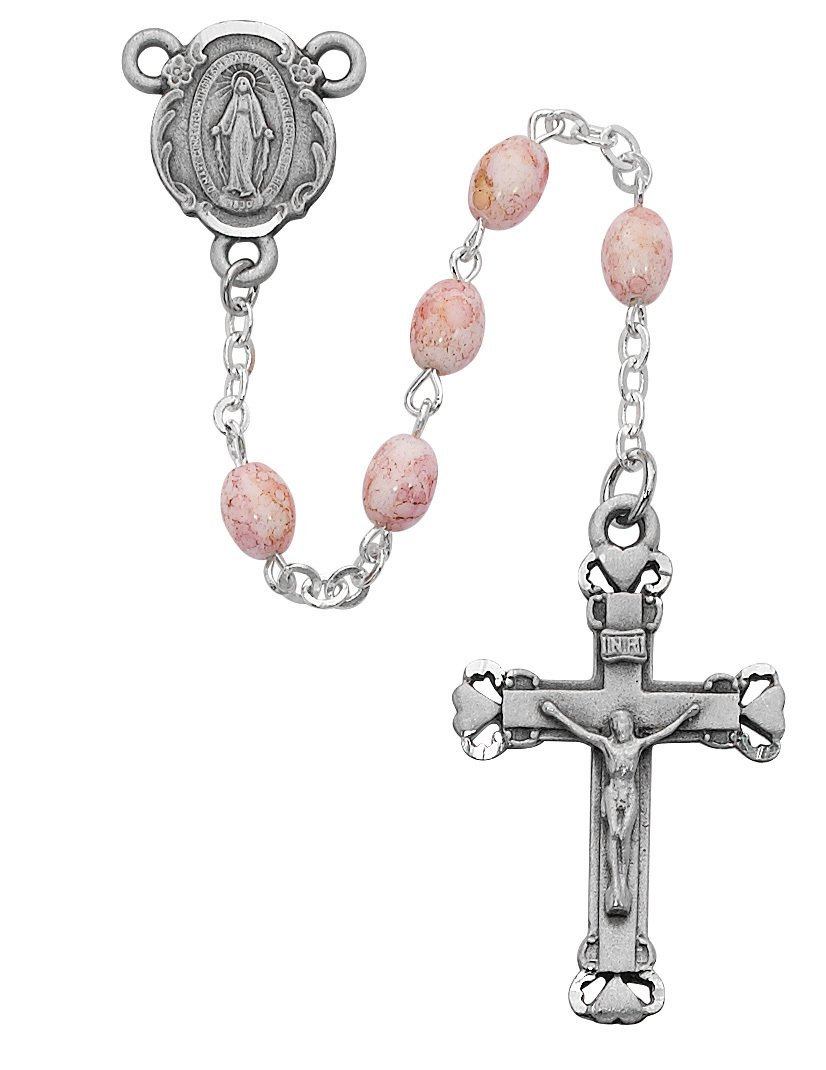 Pink Oval Glass Rosary Boxed