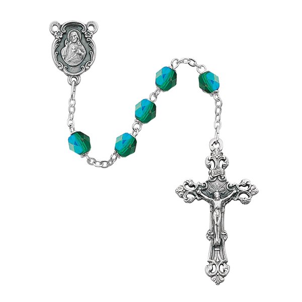 Dark Green Glass May Rosary Boxed