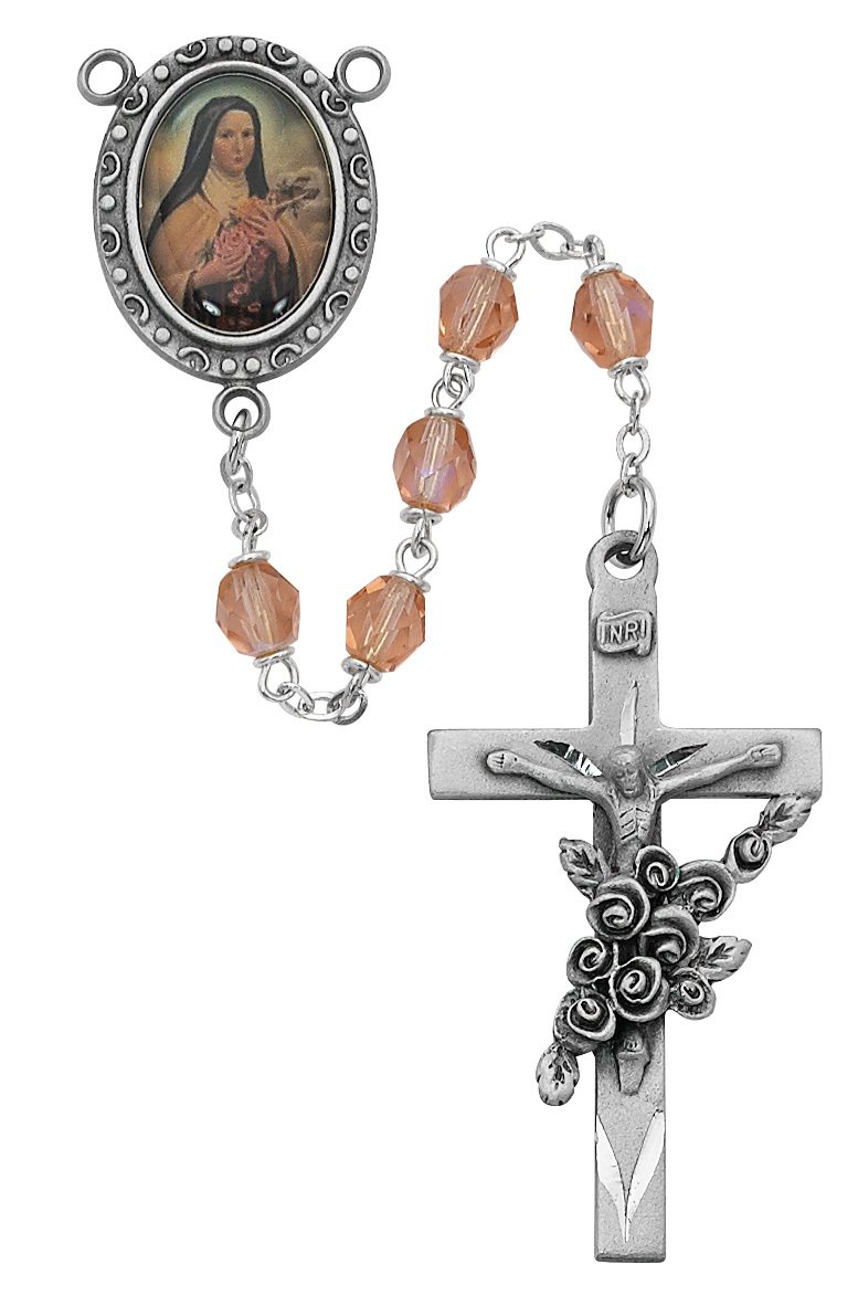 Pink Glass St Therese Rosary Boxed