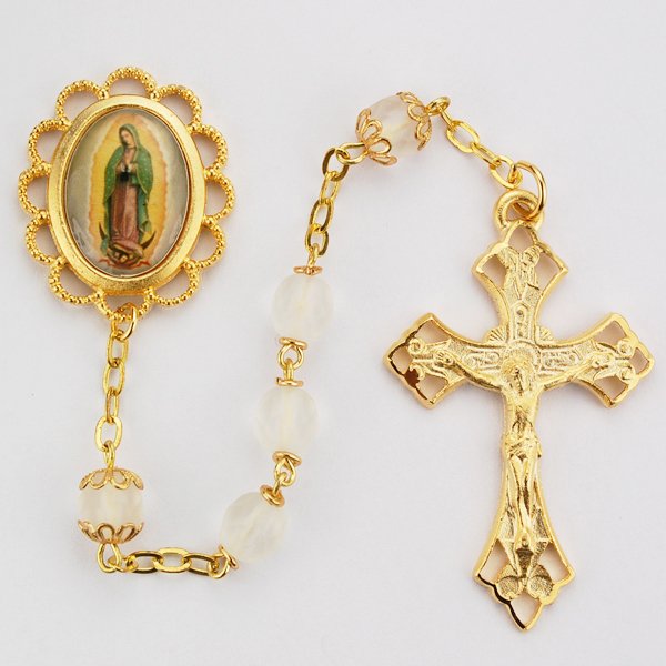Frosted Glass Guadalupe Rosary Boxed.