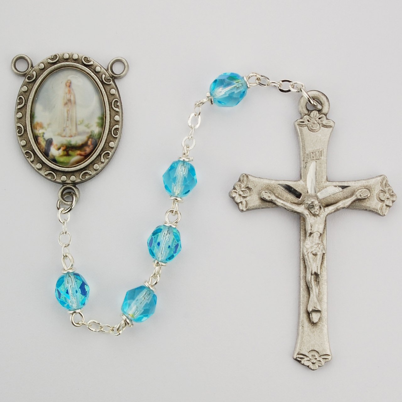 Aqua Glass Lady of Fatima Rosary Boxed