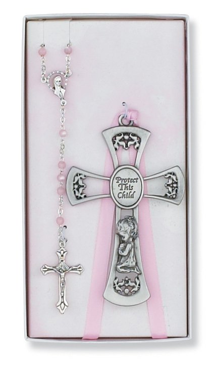 Baby Girl Crib Cross and Rosary Set Boxed