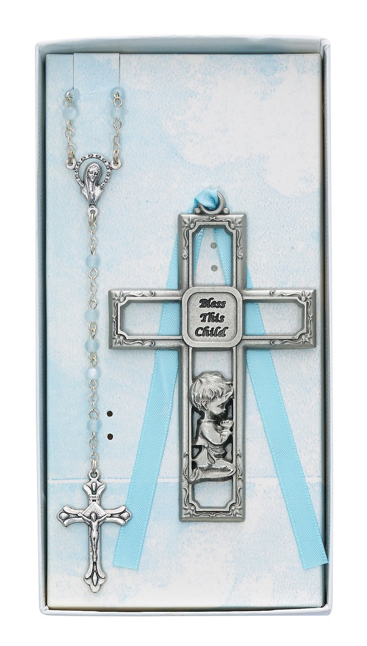 Crib Cross and Blue Rosary Set Boxed