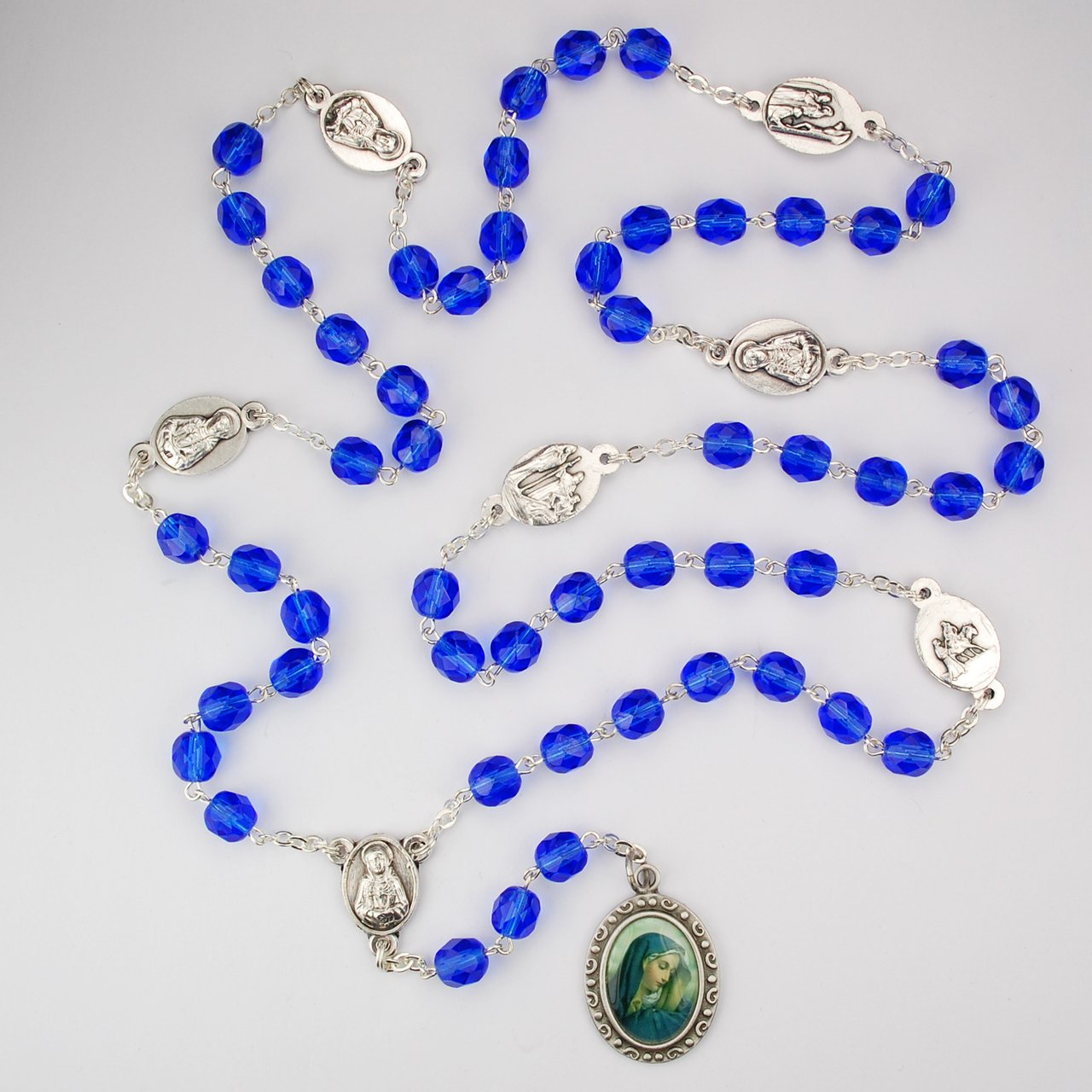 Blue Glass 7 Sorrow Chaplet Rosary Boxed