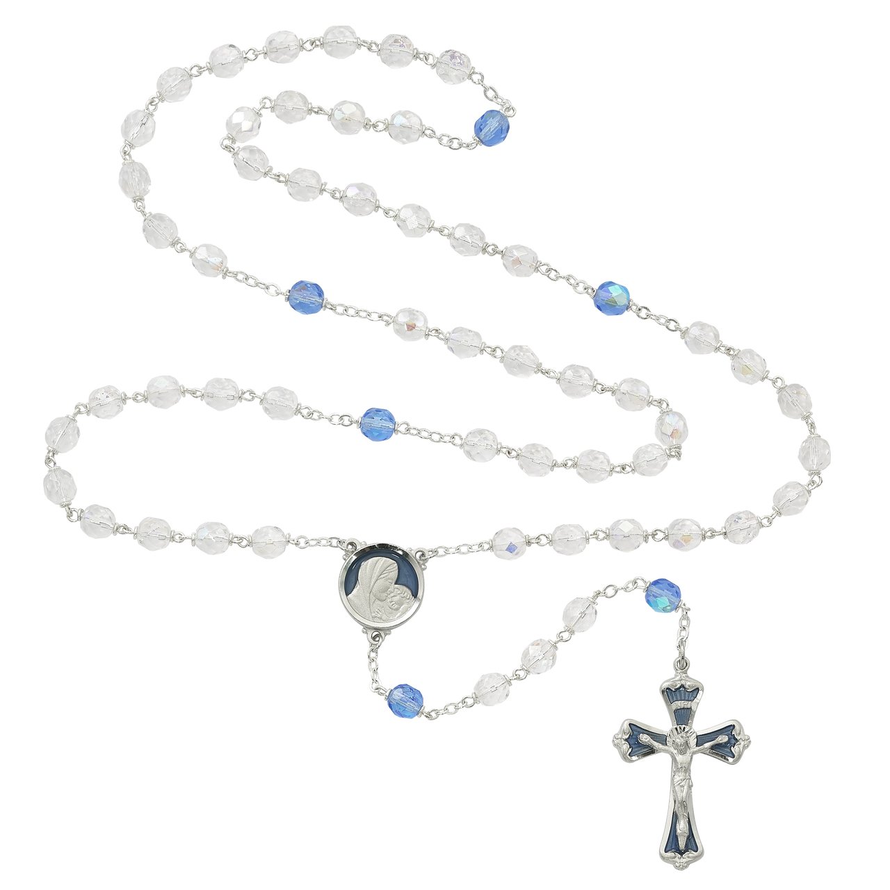 Mother and Child Blue and Crystal Rosary Boxed
