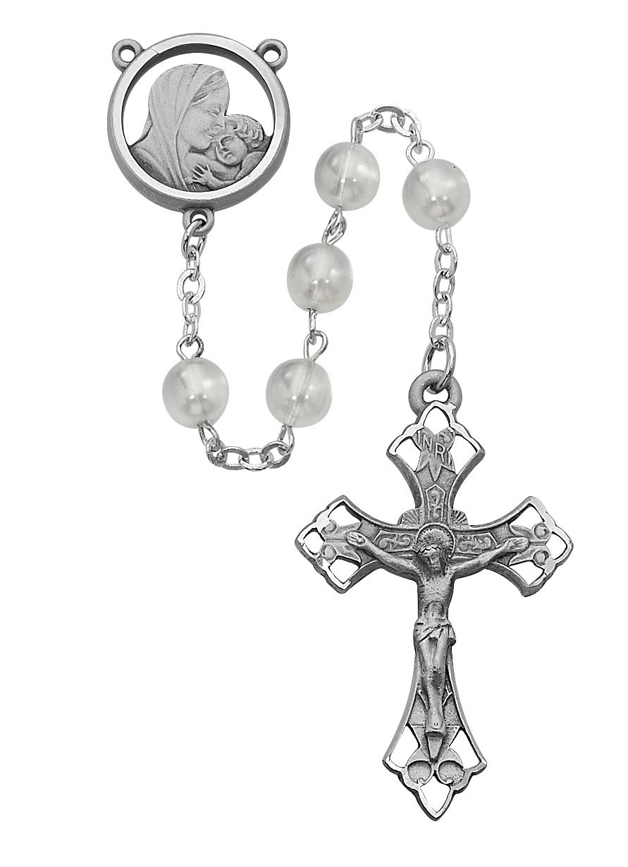 Mother and Child White Glass Rosary Boxed