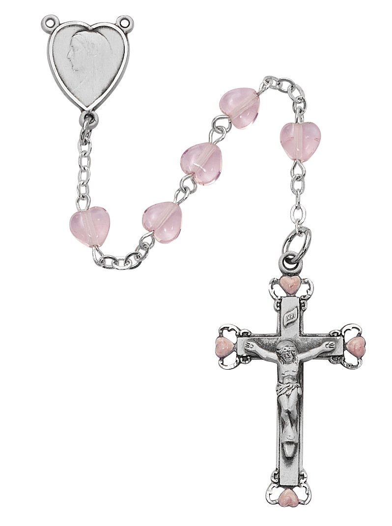 Pink Heart Glass Rosary Boxed