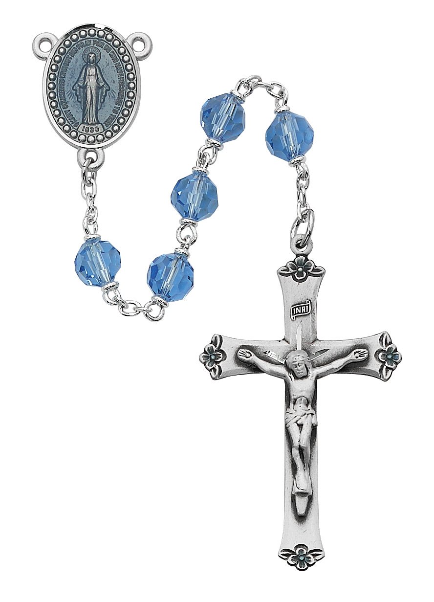 Blue Tin Cut Crystal Rosary Boxed