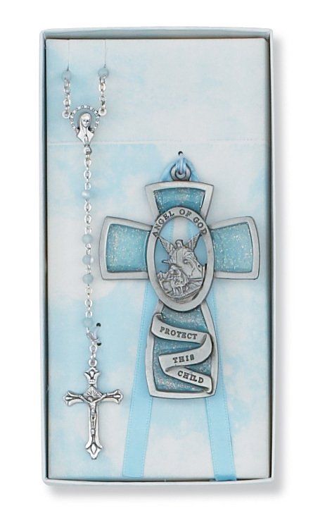 Blue Crib Cross and Pink Rosary Set Boxed