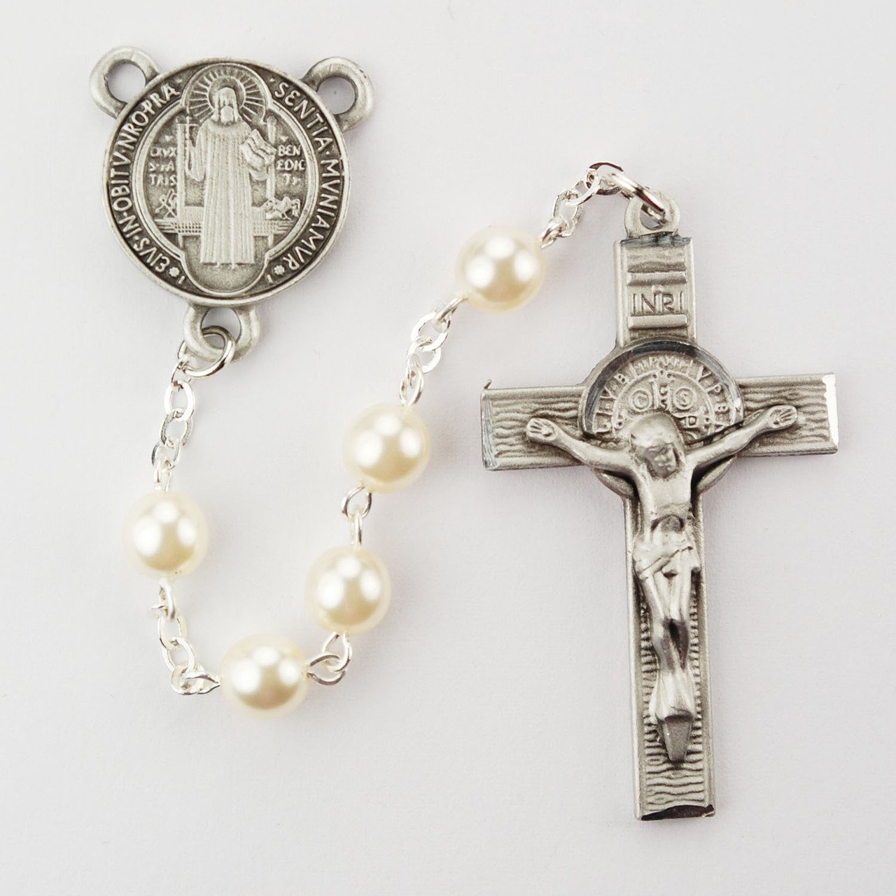 Pearlized Glass St Benedict Rosary Boxed