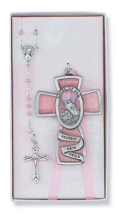 Pink Crib Cross and Pink Rosary Set Boxed