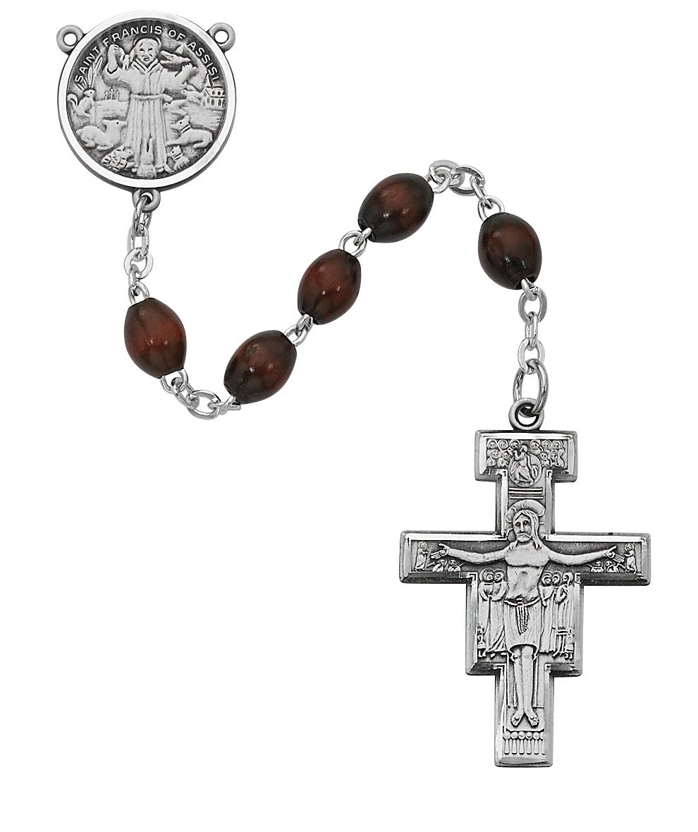 Brown Wood San Damiano Rosary Boxed