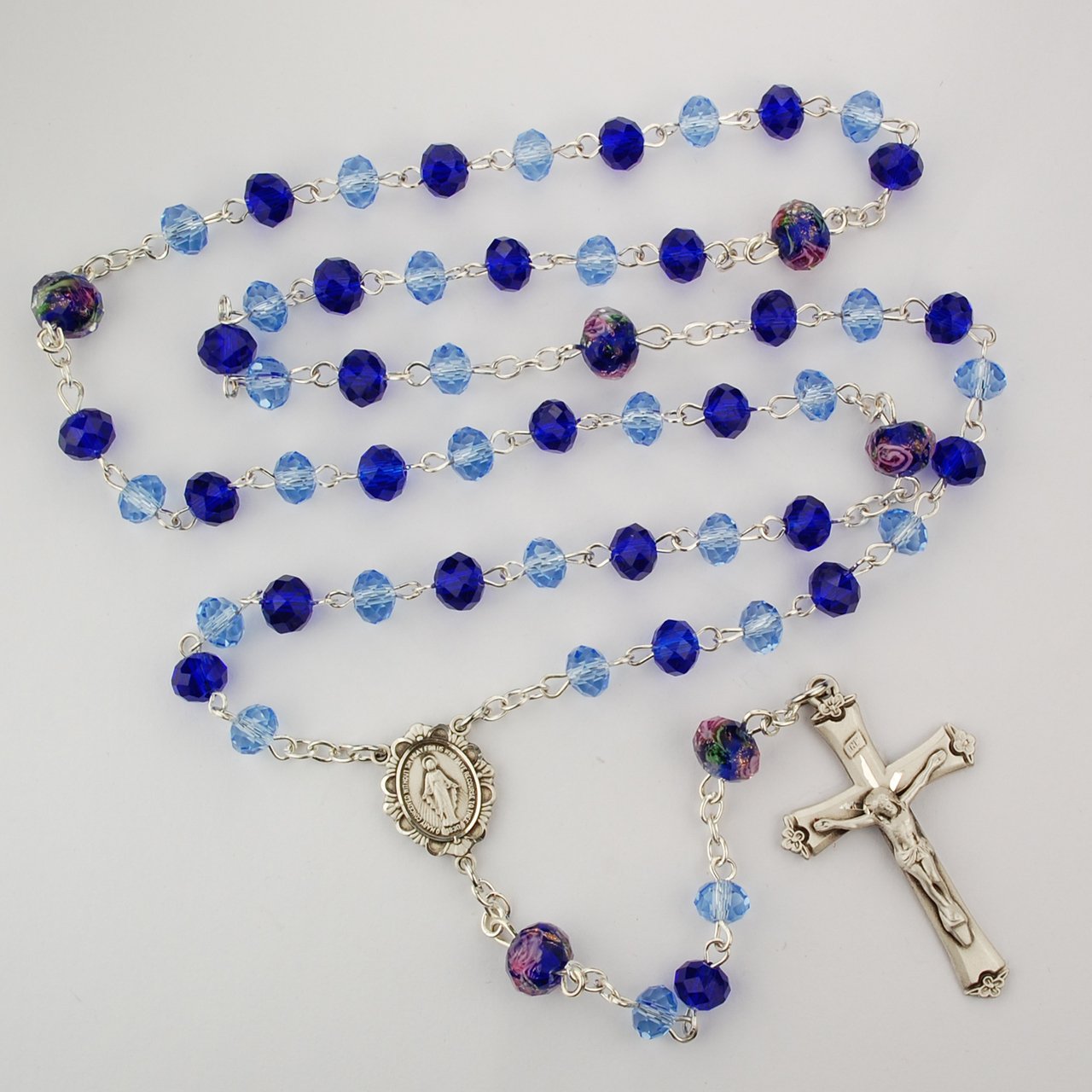 Blue Multi Tin Cut Crystal Rosary Boxed