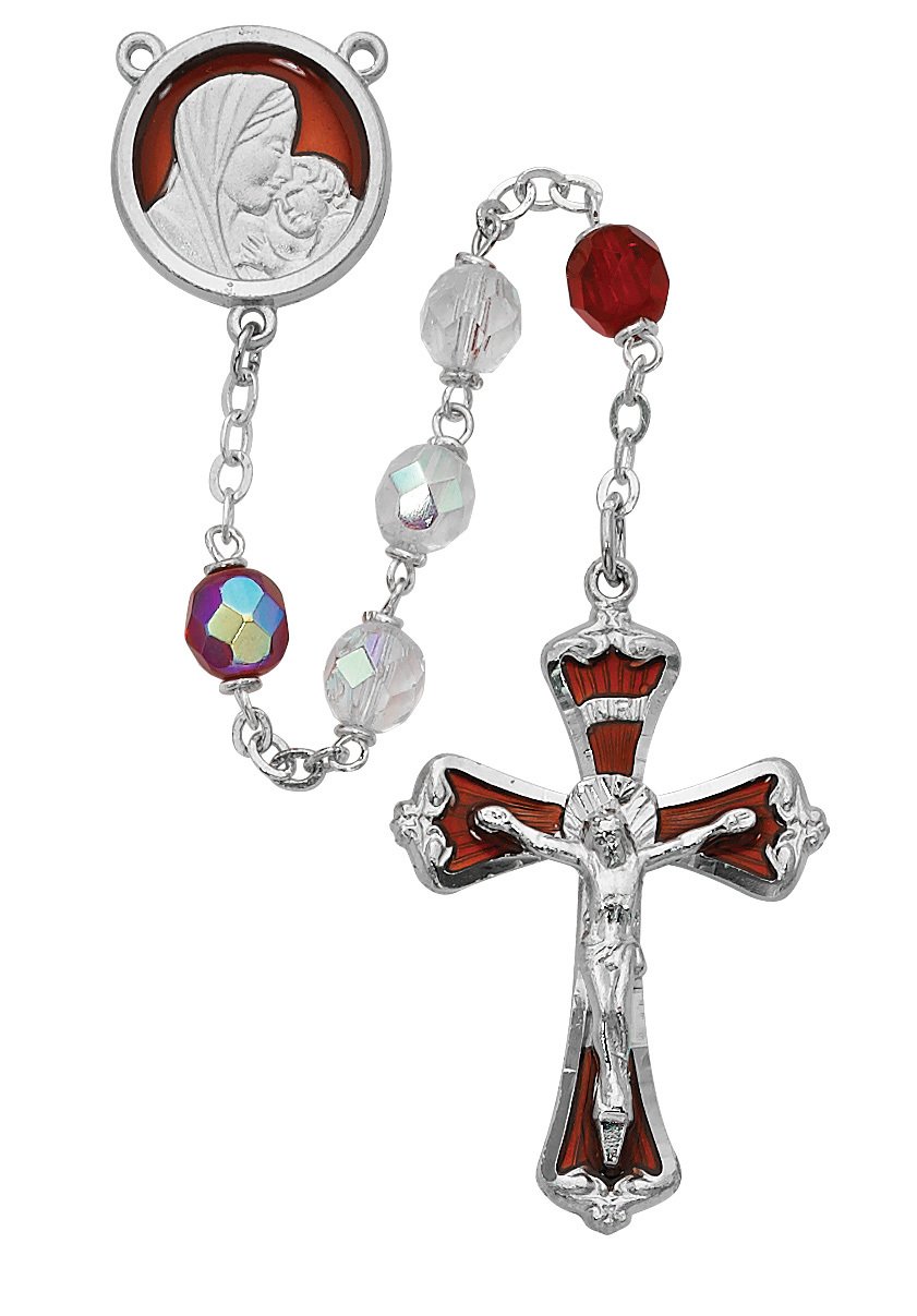 Mother and Child Red Glass Rosary Boxed