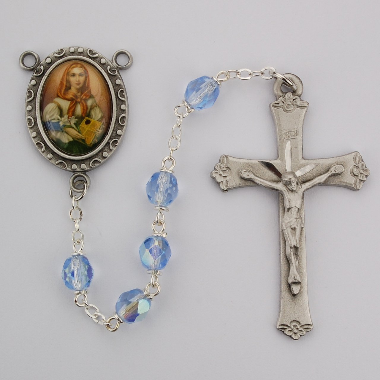 Blue Glass St Dymphna Rosary Boxed
