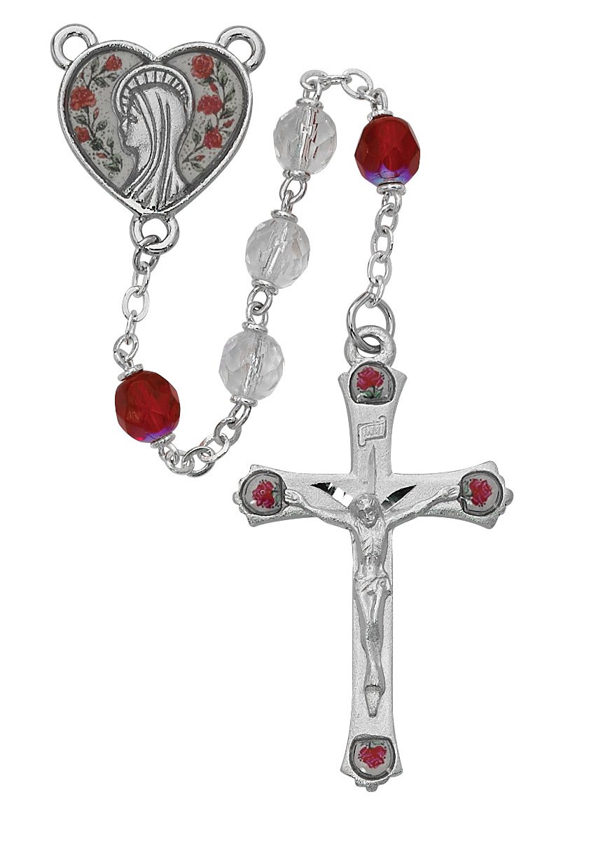 Red and Aurora Glass Rosary Boxed