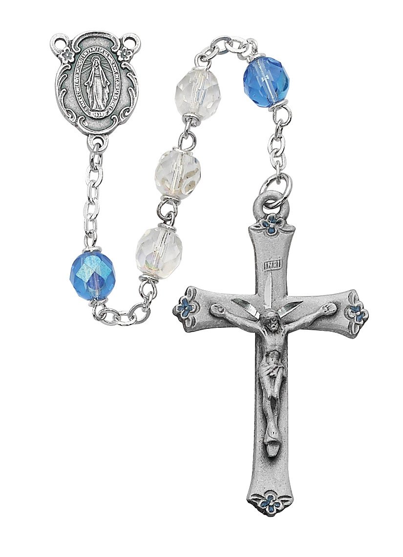 Blue and Aurora Glass Rosary Boxed