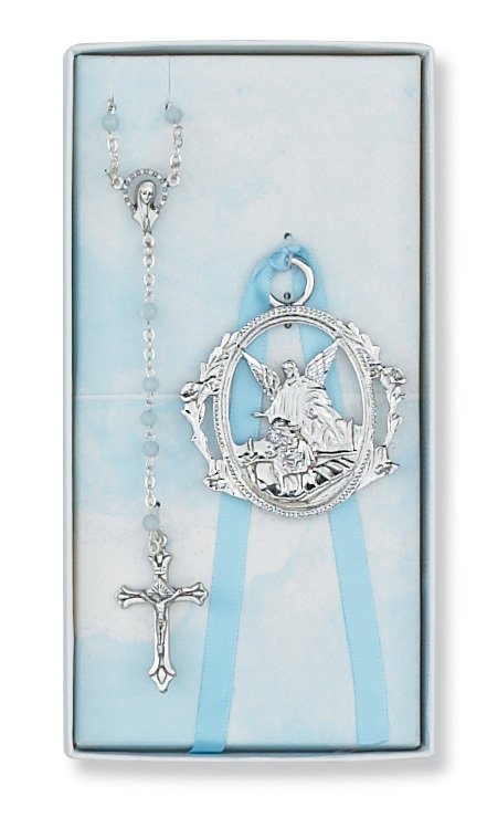 Angel Crib Medal and Blue Rosary Set Boxed