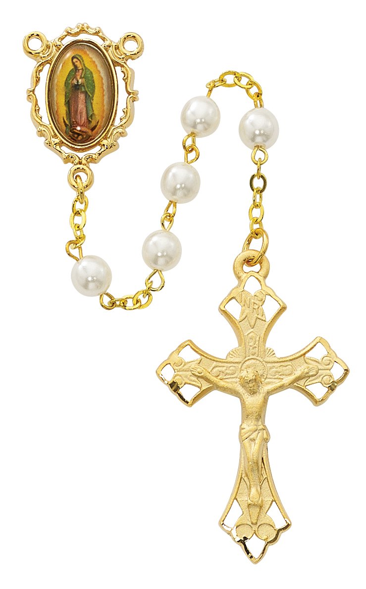 Pearlized Glass Guadalupe Rosary Boxed