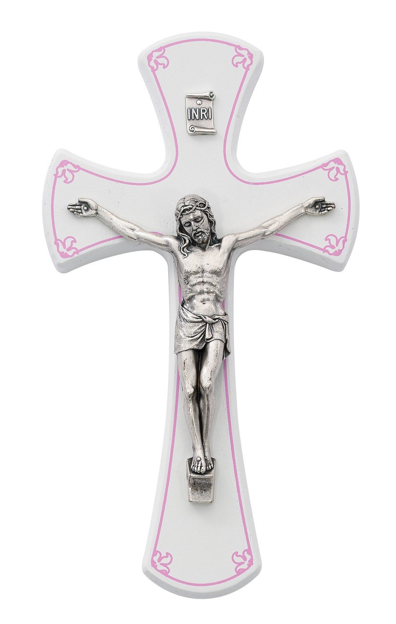 6in White and Pink Girls Wall Crucifix