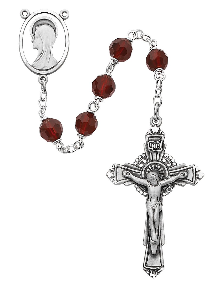 Dark Red Tin Cut Crystal Rosary Boxed