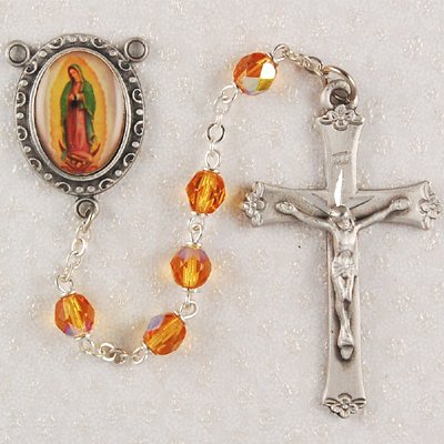 Amber Glass Lady of Guadalupe Rosary Boxed