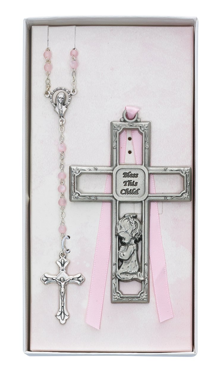 Crib Cross and Pink Rosary Set Boxed