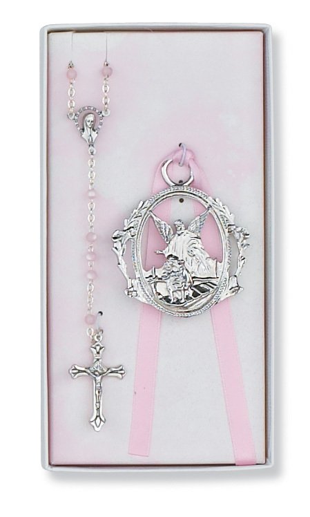 Angel Crib Medal and Pink Rosary Set Boxed