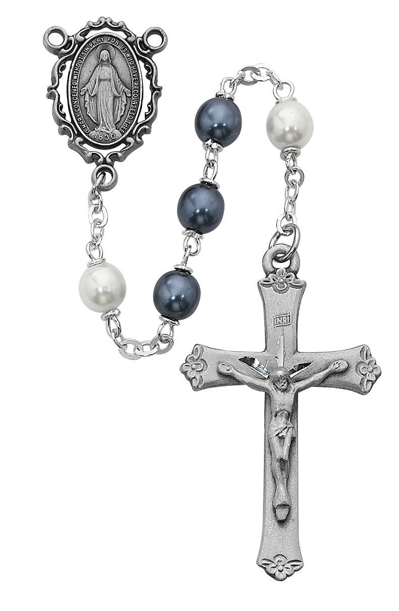 Blue and  White Pearlized Rosary Boxed