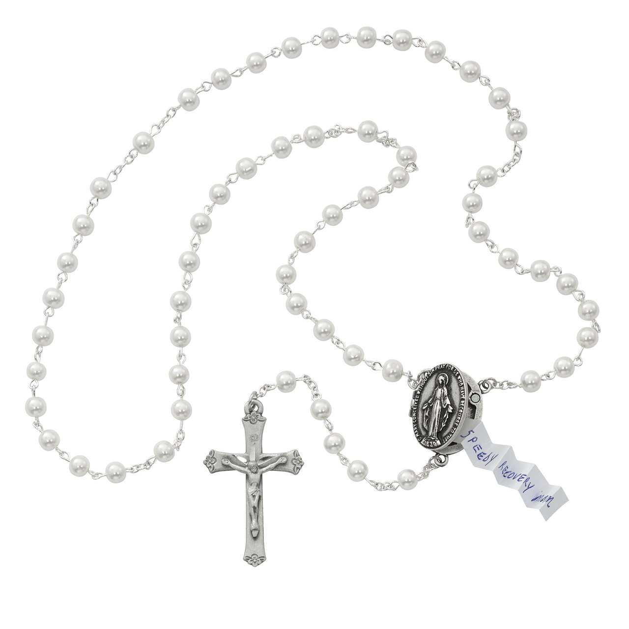 Pearl Prayer Petition Locket Rosary Boxed