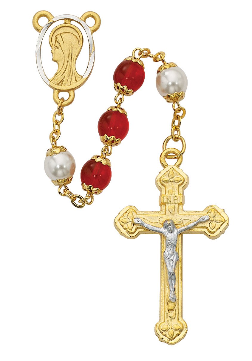 Red and Pearlized Glass Rosary Boxed