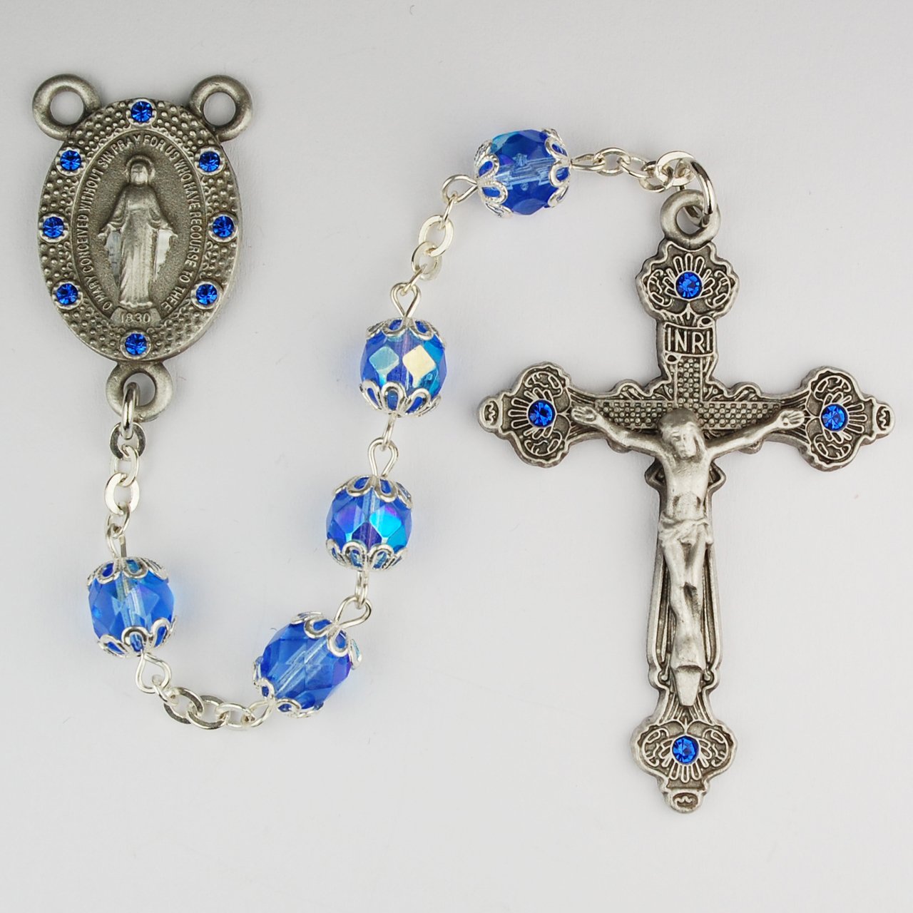 Blue Capped Glass Rosary Boxed