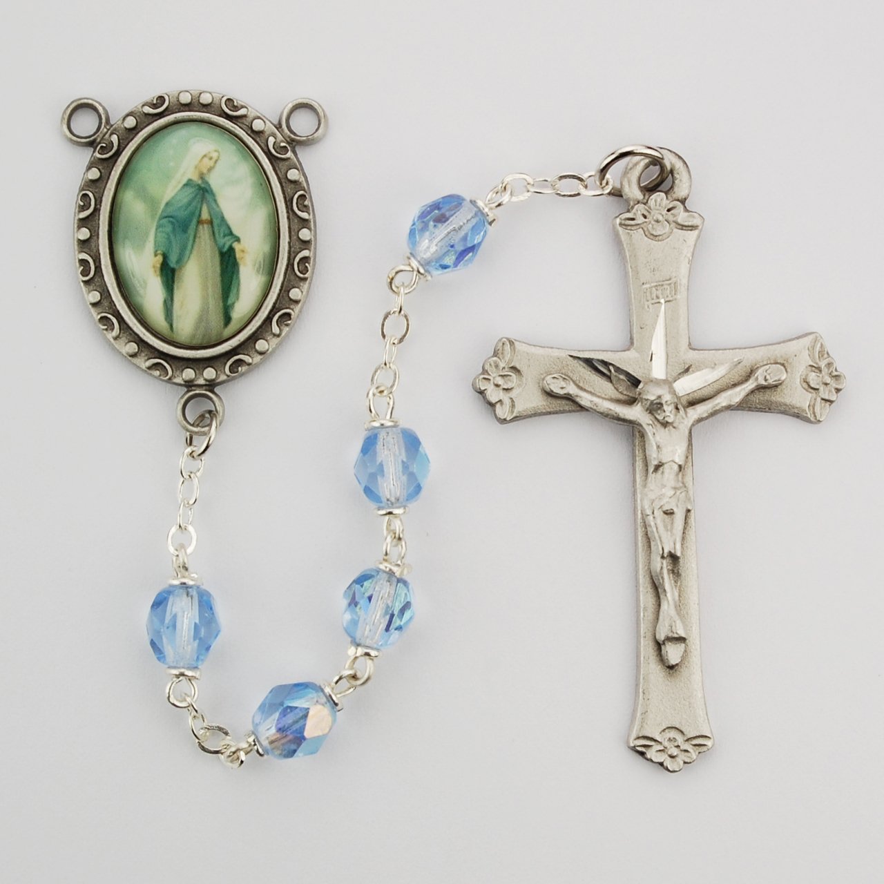Blue Glass Lady of Grace Rosary Boxed