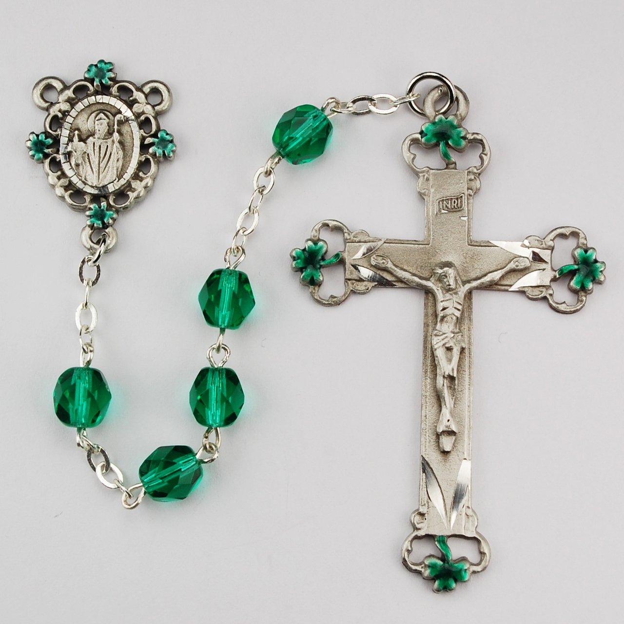 Green Glass Shamrock Rosary Boxed