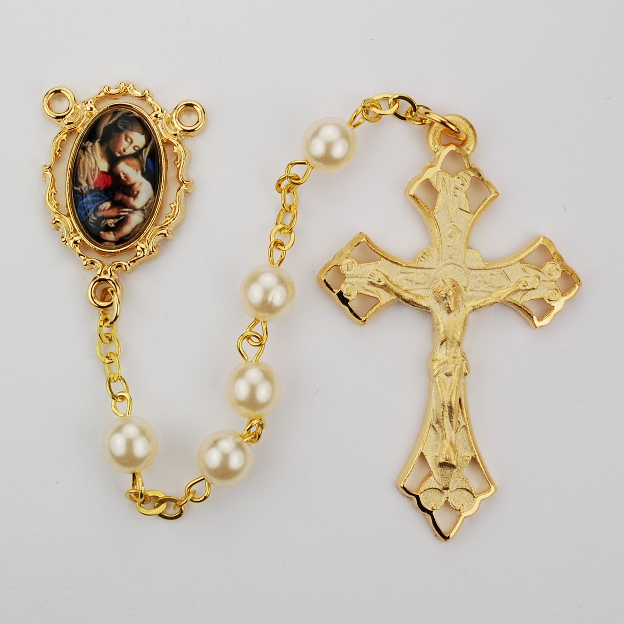 Pearlized Glass Mother & Child Rosary Boxed