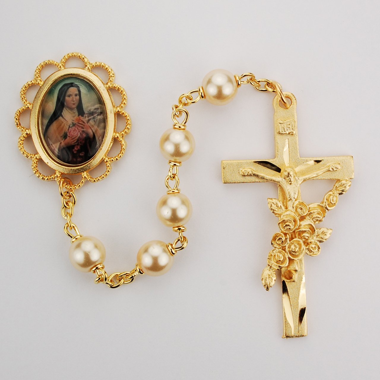St Therese Pearlized Rosary Boxed