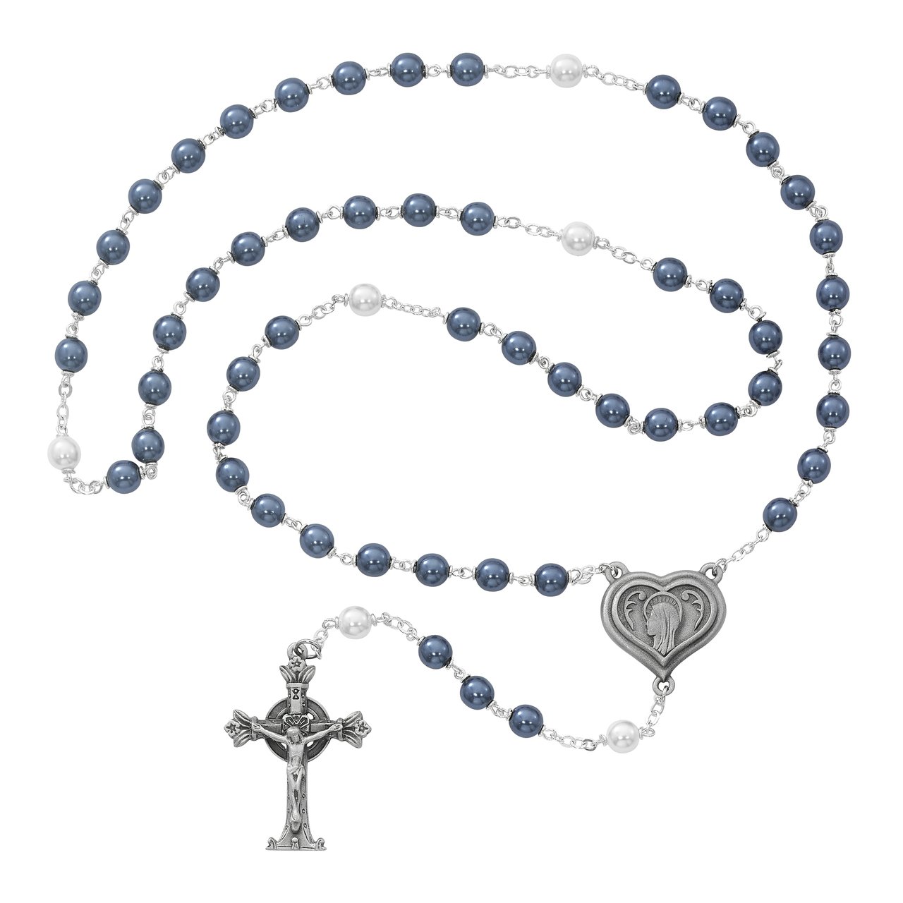Blue and Pearlized Glass Lourdes Water Rosary Boxed