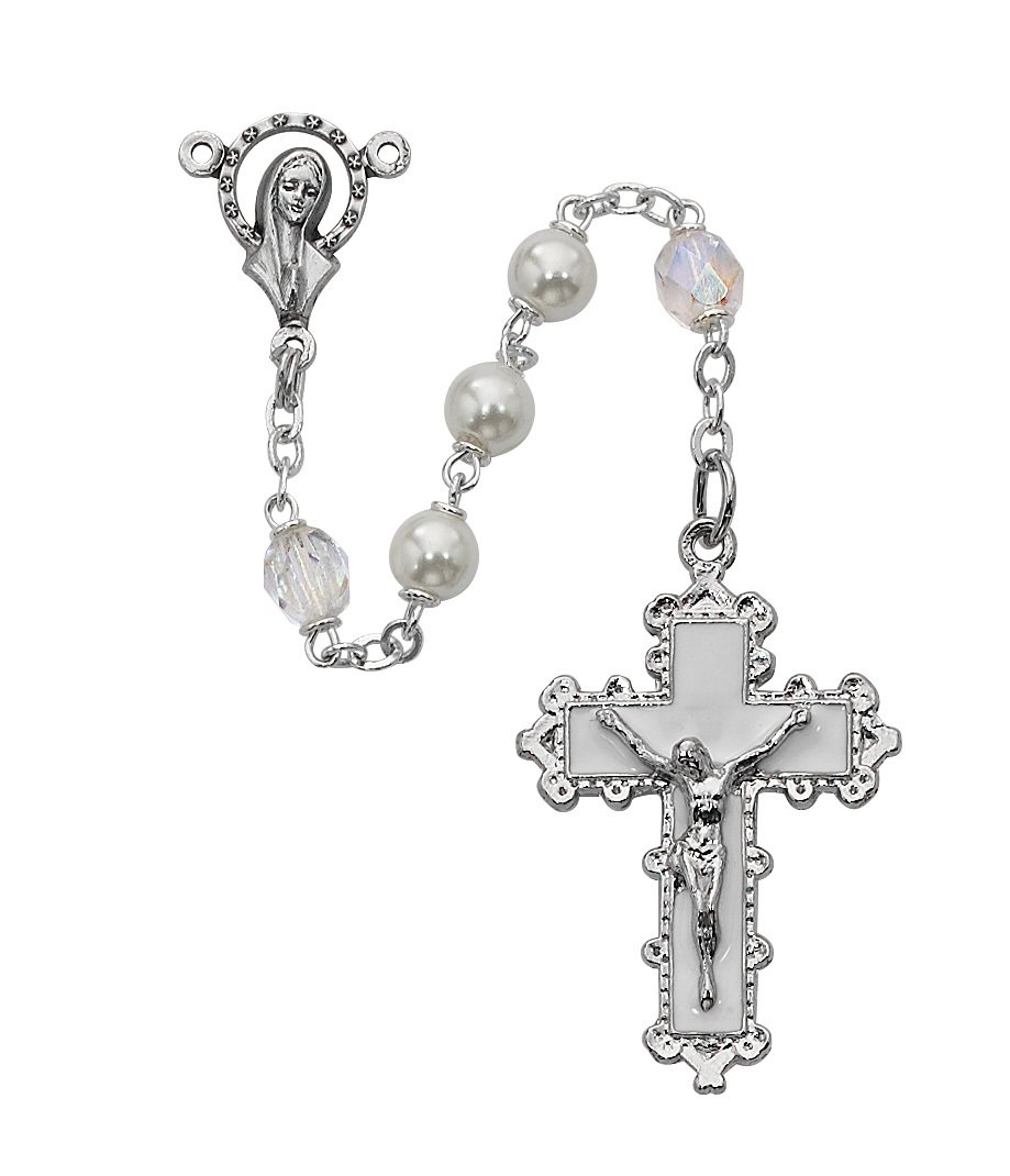 White & Clear Glass Rosary Boxed