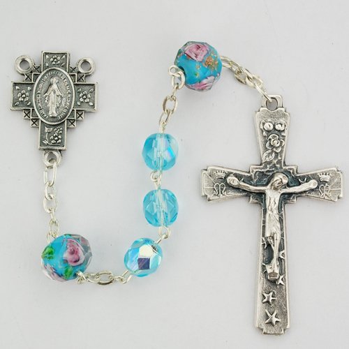 Aqua and Venetian Glass Rosary Boxed