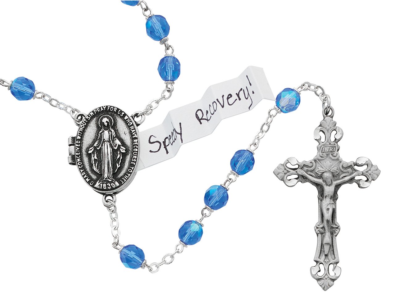 Blue Prayer Petition Locket Rosary Boxed